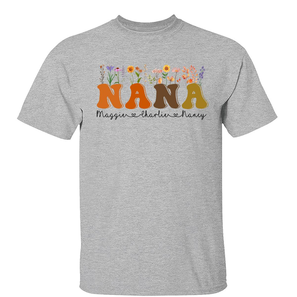 Fall Autumn Flowers Leaves On Text Grandma Mom Personalized Shirt